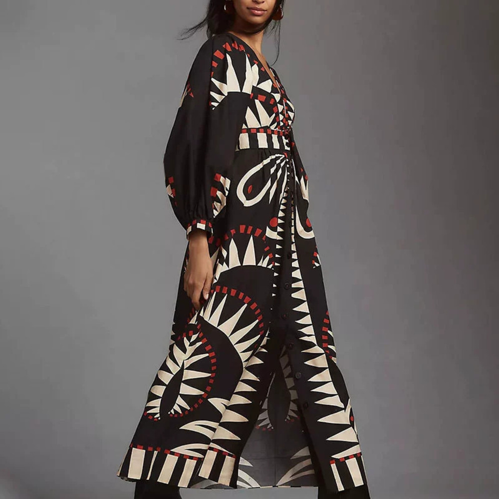 ZARA Summer Retro Printed Lantern Sleeve Stylish Collar Dress